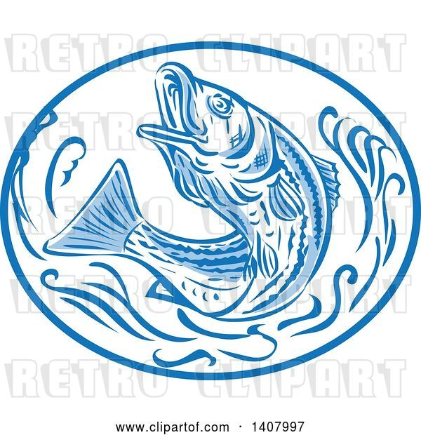 Vector Clip Art of Retro Sketched Striped Bass Rockfish Jumping in a Blue and White Oval