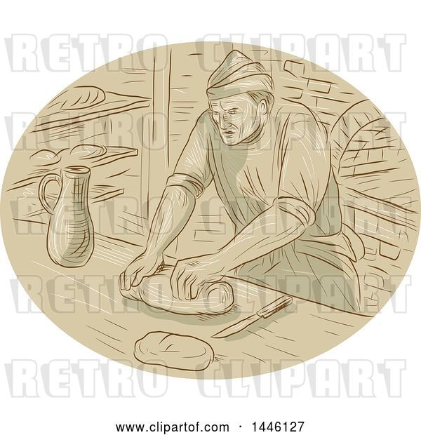 Vector Clip Art of Retro Sketched Styled Medieval Baker Kneading Dough in a Kitchen