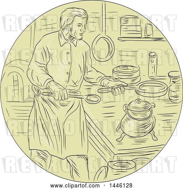 Vector Clip Art of Retro Sketched Styled Medieval Chef Cooking in a Kitchen