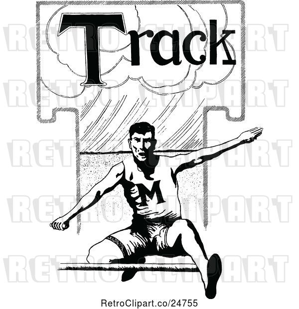 Vector Clip Art of Retro Sketched Track Athlete Leaping a Hurdle