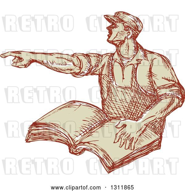 Vector Clip Art of Retro Sketched Union Worker Guy Pointing and Holding a Book