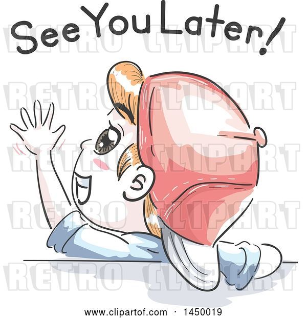Vector Clip Art of Retro Sketched White Boy Waving Under See You Later Text