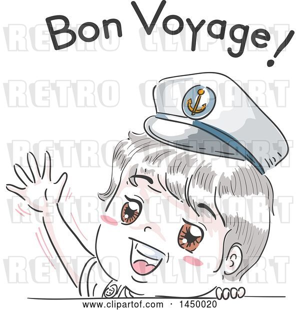 Vector Clip Art of Retro Sketched White Boy Wearing a Sailor Hat and Waving Under Bon Voyage Text