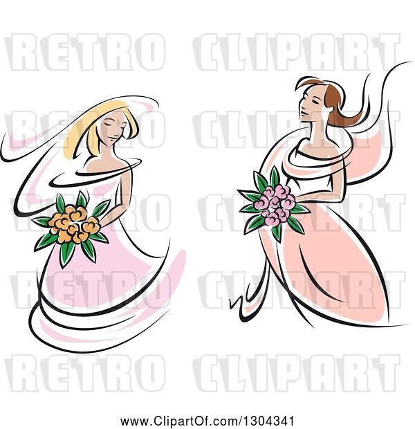 Vector Clip Art of Retro Sketched White Brides in Pink Dresses, Holding Bouquets of Flowers