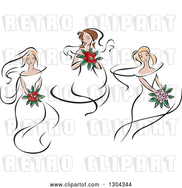 Vector Clip Art of Retro Sketched White Brides with Bouquets of Flowers