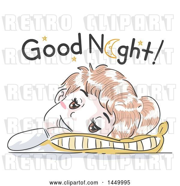 Vector Clip Art of Retro Sketched White Girl Resting Her Head on a Pillow and Saying Good Night