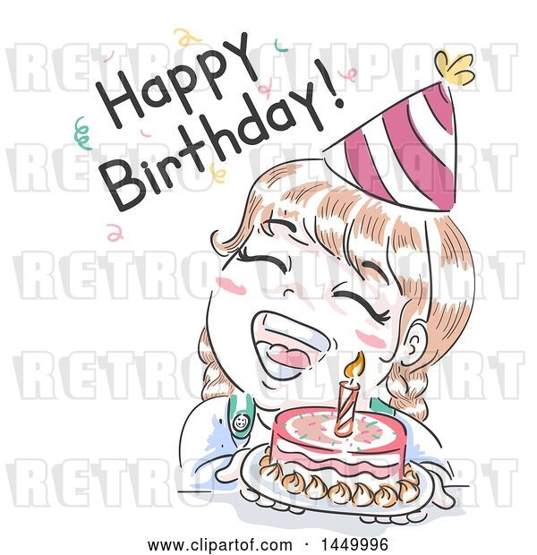 Vector Clip Art of Retro Sketched White Girl with a Cake, Shouting Happy Birthday