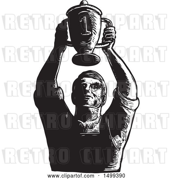 Vector Clip Art of Retro Sketched Worker Holding up Championship Trophy Cup