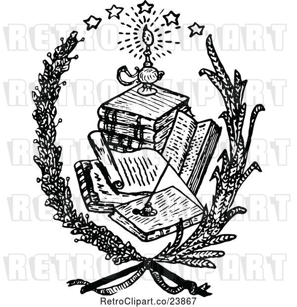 Vector Clip Art of Retro Sketched Wreath with Books