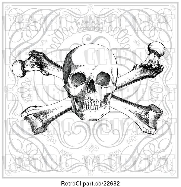 Vector Clip Art of Retro Skull and Crossbones over Swirls and a Crown