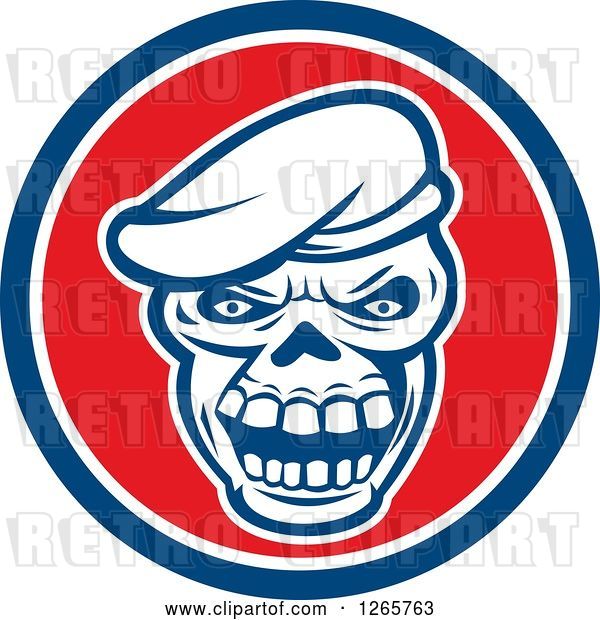 Vector Clip Art of Retro Skull Wearing a Beret Hat in a Blue White and Red Circle
