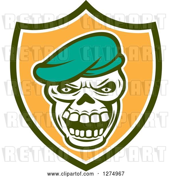 Vector Clip Art of Retro Skull Wearing a Beret Hat in a Green White and Orange Shield