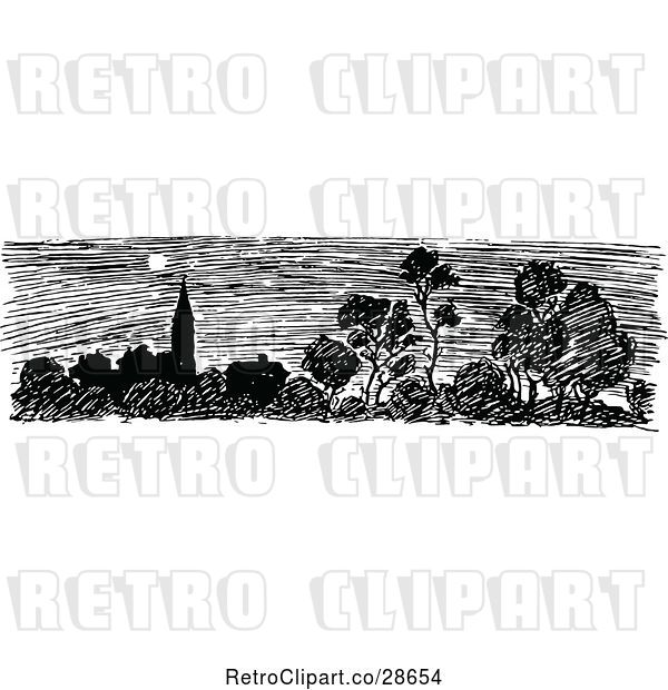 Vector Clip Art of Retro Skyline and Tree Scene