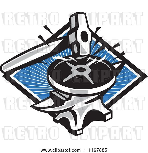 Vector Clip Art of Retro Sledgehammer Stricking a Plate Weight on an Anvil over a Blue Ray Diamond