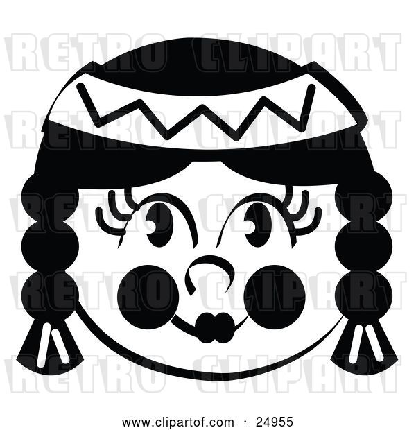 Vector Clip Art of Retro Smiling Native American Indian Girl's Face, Her Hair in Braids, Wearing a Headband
