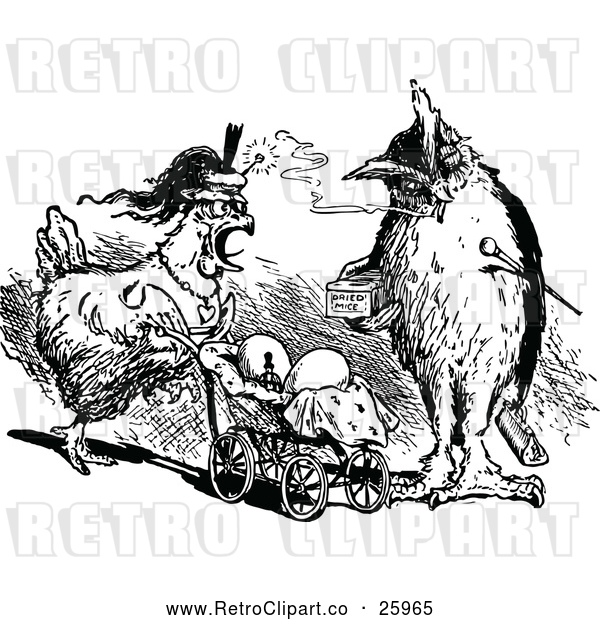 Vector Clip Art of Retro Smoking Owl and Hen Pushing Chicksn in a Pram