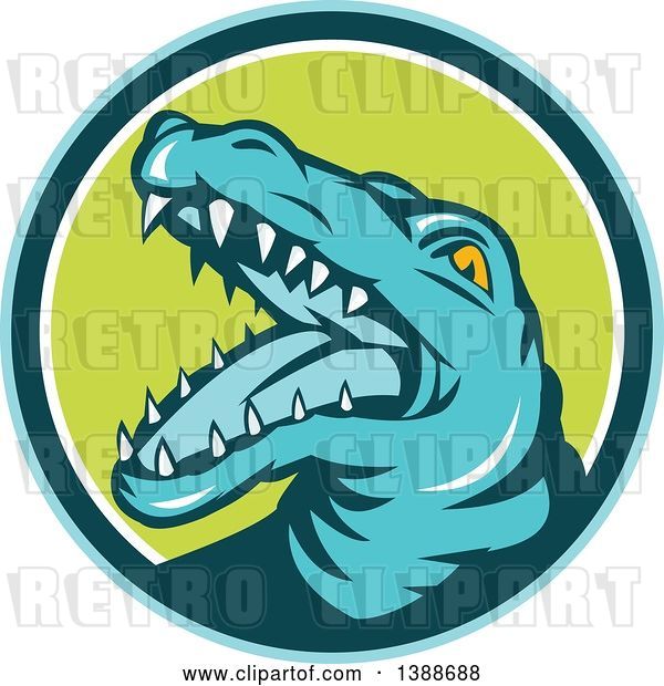 Vector Clip Art of Retro Snapping Alligator or Crocodile in a Blue Teal White and Green Circle