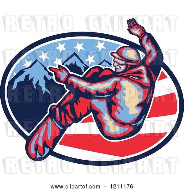 Vector Clip Art of Retro Snowboarder Leaving Stripes over Mountains and American Stars