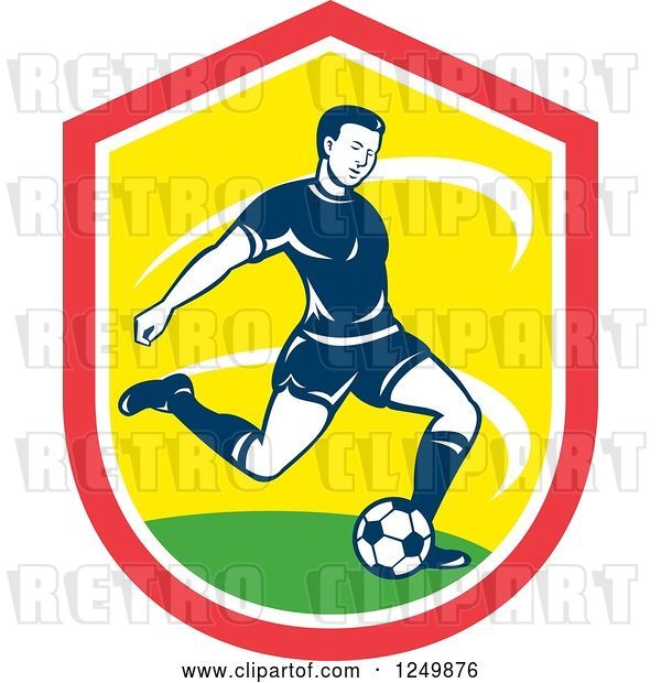 Vector Clip Art of Retro Soccer Player Kicking in a Red and Yellow Shield