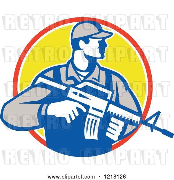 Vector Clip Art of Retro Soldier Holding an Assault Rifle in a Circle