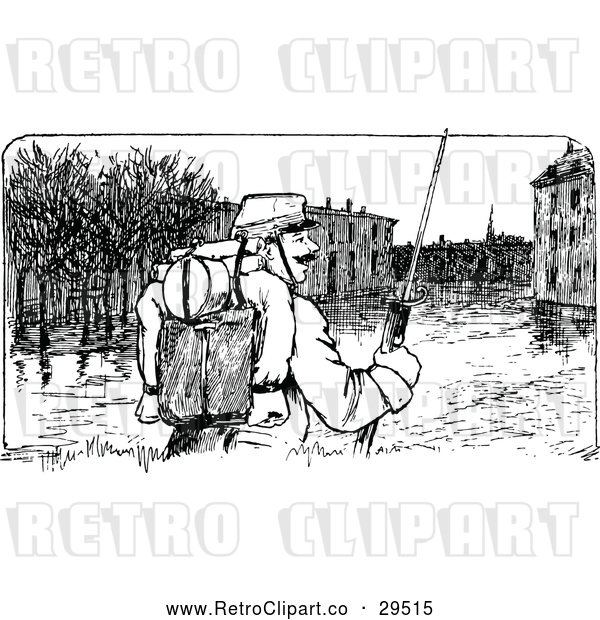 Vector Clip Art of Retro Soldier in a Flooded Village