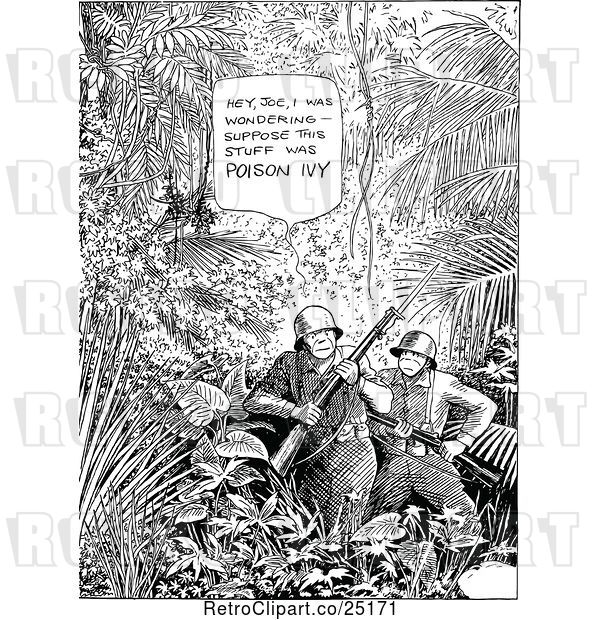 Vector Clip Art of Retro Soldiers Talking About Poison Ivy in a Jungle