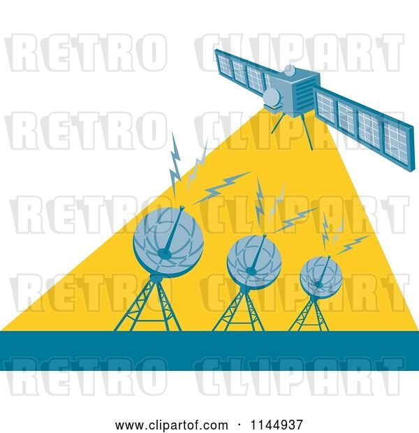 Vector Clip Art of Retro Space Satellite Communicating with Dishes