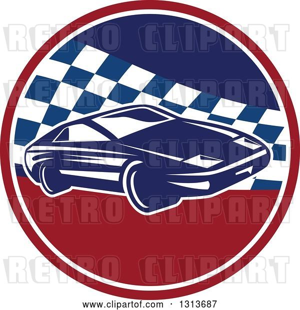 Vector Clip Art of Retro Sports Race Car in a Red White and Blue Checkered Circle
