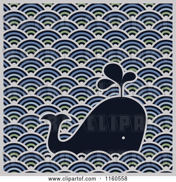 Vector Clip Art of Retro Spouting Whale in a Wave Design