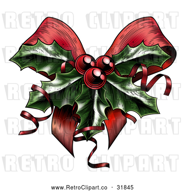 Vector Clip Art of Retro Sprig of Christmas Holly with Red Berries and Curly Ribbons over a Bow