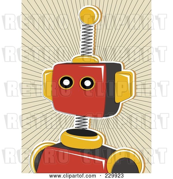 Vector Clip Art of Retro Springy Red Robot over a Tan Burst