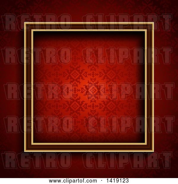 Vector Clip Art of Retro Square Frame over Red Damask