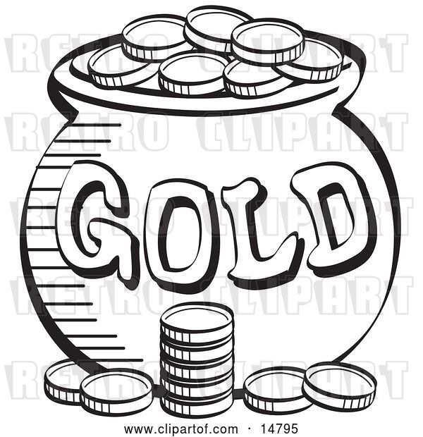 Vector Clip Art of Retro Stack of Coins near a Pot of Leprechaun's Gold,