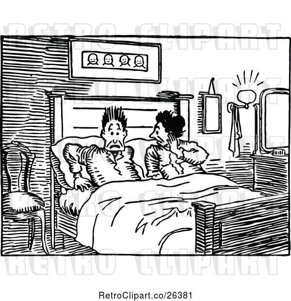 Vector Clip Art of Retro Startled Couple in Bed