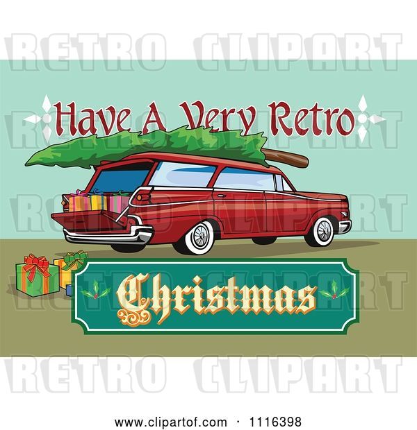 Vector Clip Art of Retro Station Wagon with Presents a Tree and a Christmas Sign