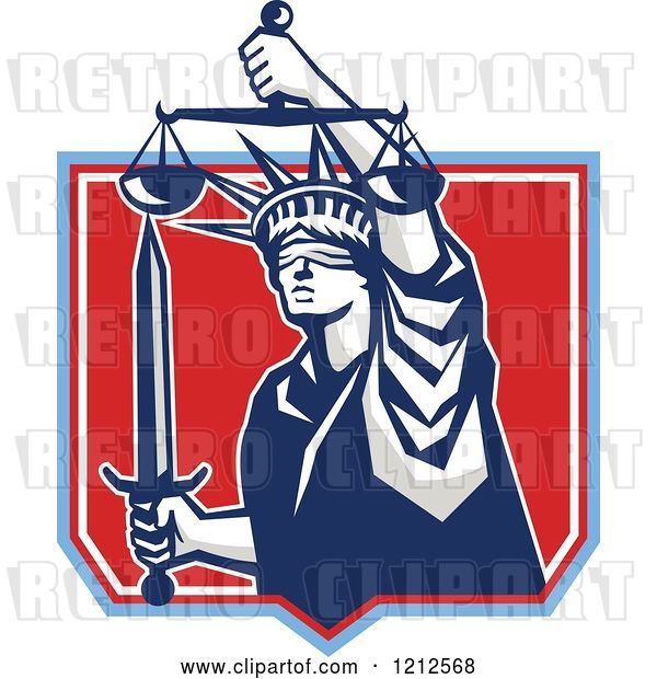 Vector Clip Art of Retro Statue of Liberty Holding Justice Scales and a Sword in a Red Shield