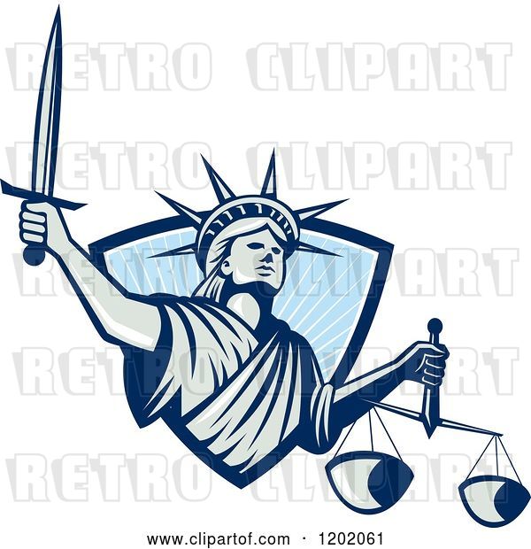Vector Clip Art of Retro Statue of Liberty Lady Justice with a Sword and Scales, Emerging from a Blue Ray Shield