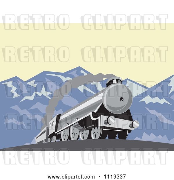 Vector Clip Art of Retro Steam Engine Train in the Mountains