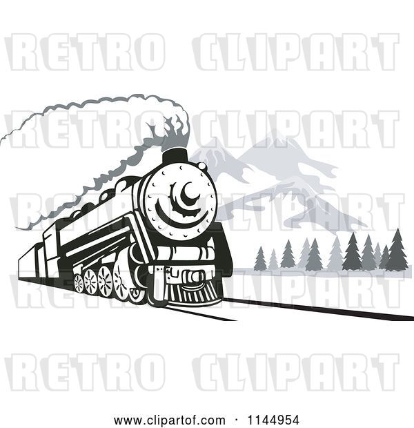 Vector Clip Art of Retro Steam Engine Train near Mountains