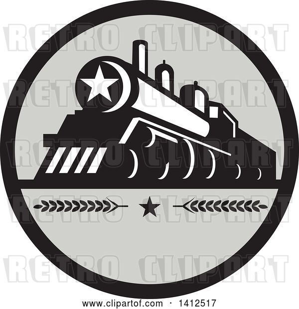 Vector Clip Art of Retro Steam Engine Train with a Star on the Front, Inside a Black and Gray Circle