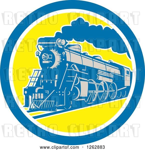 Vector Clip Art of Retro Steam Train in a Blue White and Yellow Circle