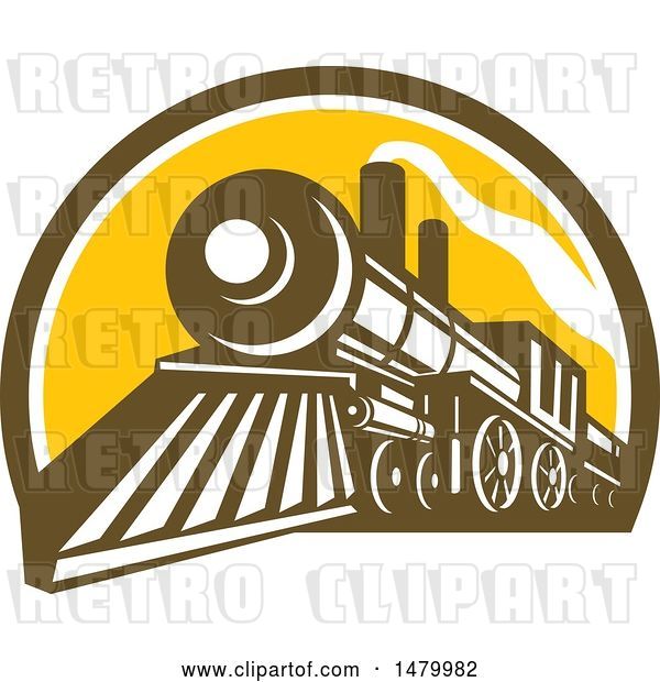 Vector Clip Art of Retro Steam Train in a Brown White and Yellow Half Circle