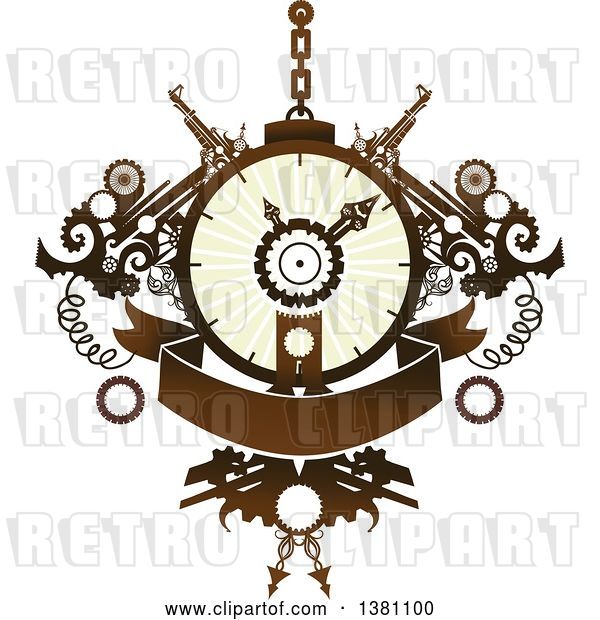 Vector Clip Art of Retro Steampunk Clock with Gears and a Banner