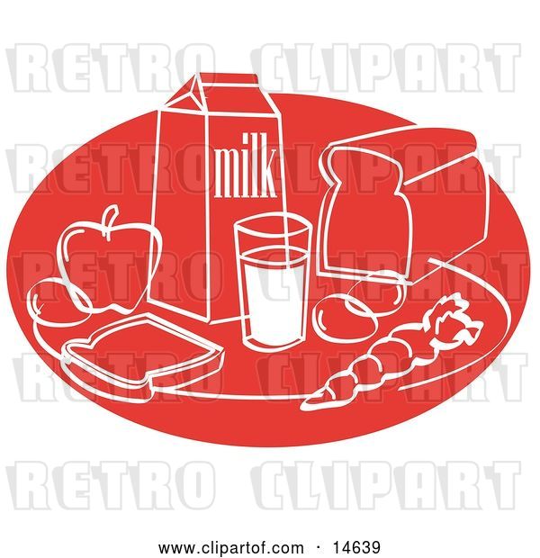 Vector Clip Art of Retro Still Life of Food Including Eggs, Apple, Carton of Milk, Glass of Milk, Sliced Bread, and a Carrot