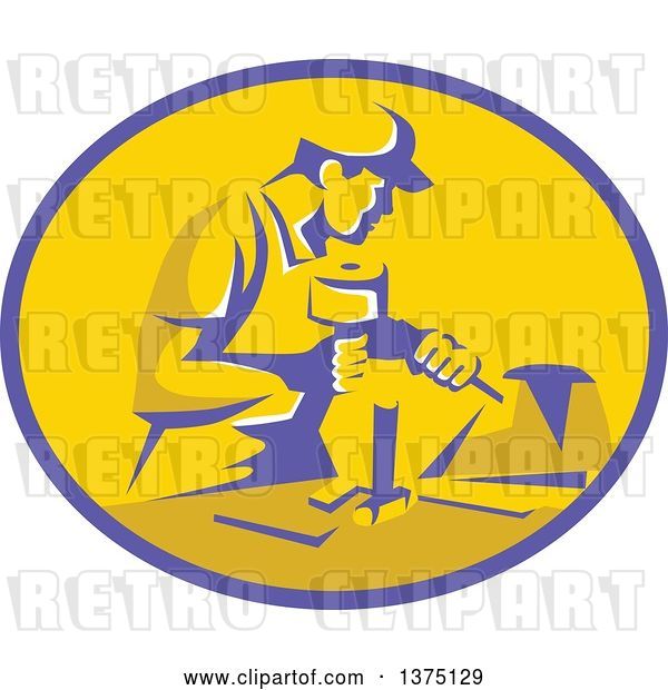 Vector Clip Art of Retro Stonemason Worker Using a Mallet and Chisel to Carve Marble in a Purple and Yellow Oval