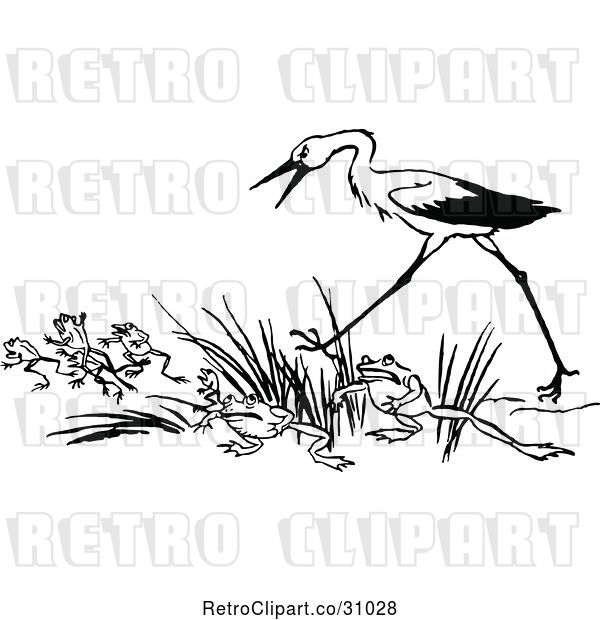 Vector Clip Art of Retro Stork and Frogs
