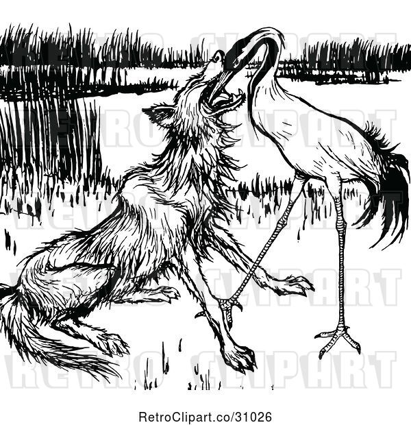 Vector Clip Art of Retro Stork Feeding Fox