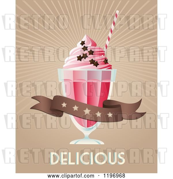 Vector Clip Art of Retro Strawberry Milkshake with Stars Rays a Banner and Delicious Text