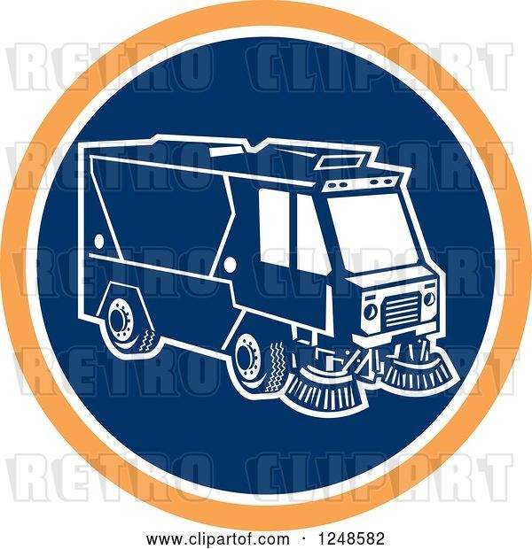 Vector Clip Art of Retro Street Cleaner Machine in a Blue and Orange Circle