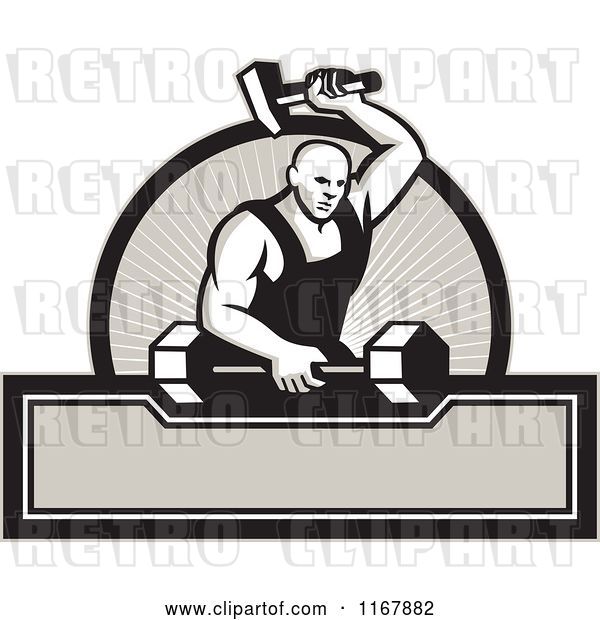 Vector Clip Art of Retro Strong Blacksmith Striking a Barbell over a Circle of Rays and Banner